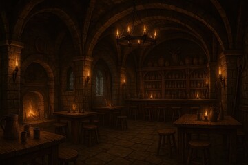 Interior of a Fantasy Medieval Dungeons and Dragons Castle Stone Tavern