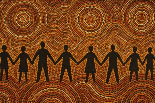 Silhouettes of People Holding Hands, Australian Aboriginal Dot Painting Style