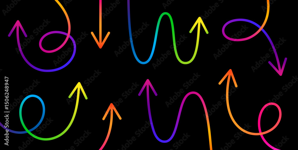 Leinwandbilder Vector Curve Line Arrows. Swirl Gradient Abstract Pointers Design. Hand Drawn Color Arrows