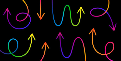 Fototapeta na wymiar Vector Curve Line Arrows. Swirl Gradient Abstract Pointers Design. Hand Drawn Color Arrows