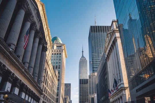 Vertical Glance of Modern Architecture in Wall Street, Financial District, New York City Skyline