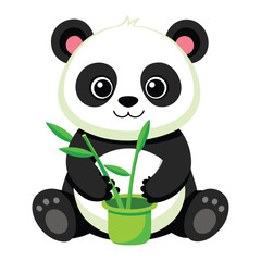A cute baby panda with bright green eyes sits holding a stalk of bamboo in a green and white pot with white background