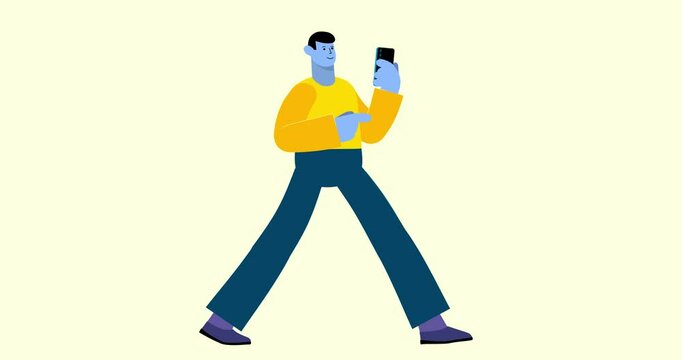 Blue body animated man with phone walking isolated. Cartoon animation of businessman character male smiling finger palm scroll gsm phone screen. Business explainer flat design people serie movie video