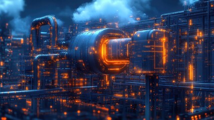 Fototapeta premium Futuristic Industrial Complex: A Digital Metropolis of Light and Steel