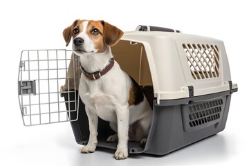 A jack russell terrier dog sitting inside a gray and beige plastic pet carrier with metal door open