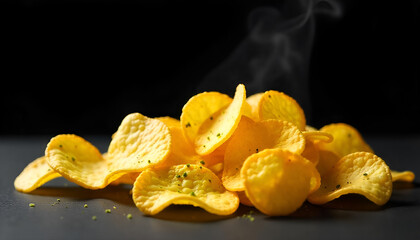 potato chips on black background