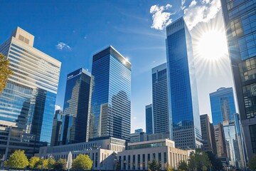 Naklejka premium Striking Office Buildings Under Radiant Blue Skies in a Fast-Paced Financial Core of a Metropolitan City Celebrating Business Innovation and Growth