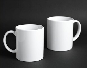 Two Elegant White Ceramic Mugs on a Dark Background Perfect for Beverage Presentation