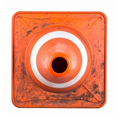 Top View Of A Weathered Orange Traffic Cone Placed On A White Background With Stains