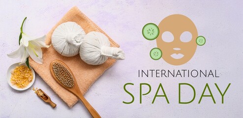 Plakat Composition with herbal bags, brush, towel, sea salt and flower on white background. Banner for International Spa Day