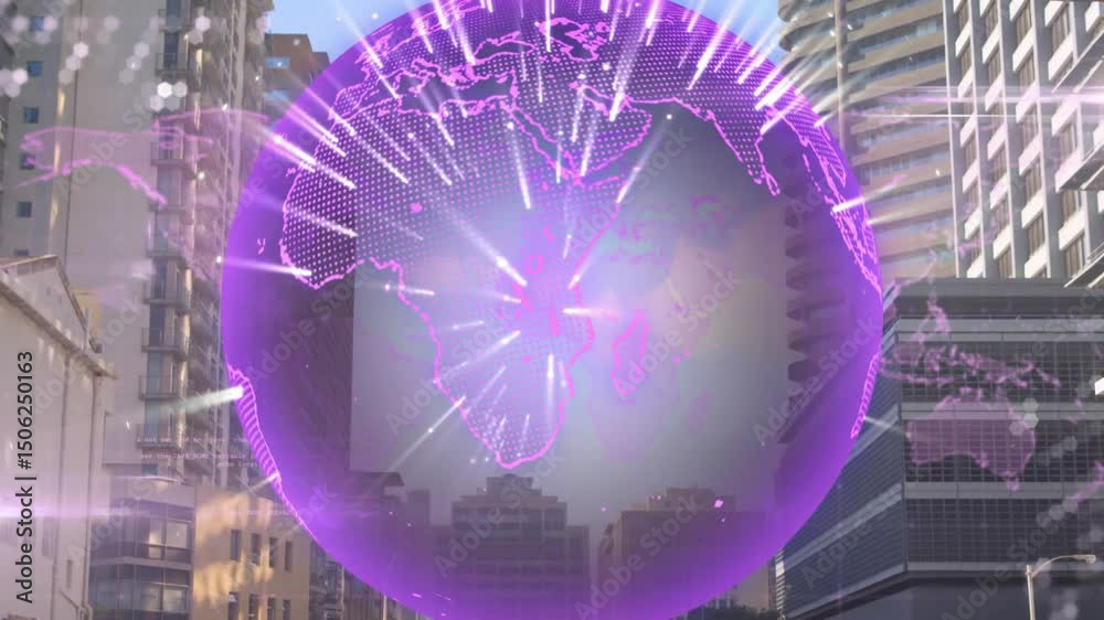 Poster map pulsing triggers rotating globe showing radial beams before dissolving skyline
