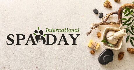 Massage bag, soap, stones and tree branch on light background. Banner for International Spa Day