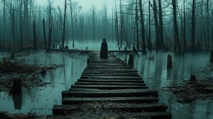 Obraz premium Person in Robe Standing on Dock in Misty Spooky Swamp