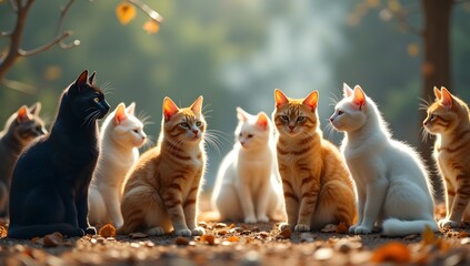 A group of cats sitting together in an outdoor setting with a blurred background of trees and leaves