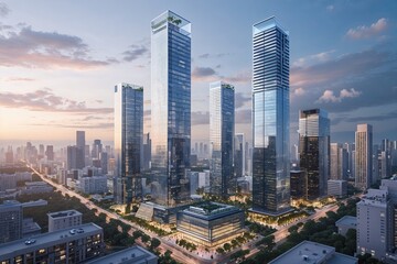 Skyline Transformations: Glass Towers and Urban Landscape Showcasing High-Rise Architecture and Business Innovation