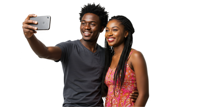 Happy Black Couple Taking Selfie With Smartphone Transparent Background