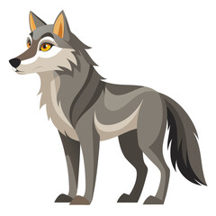 A gray and tan wolf with alert eyes stands in profile, looking over its shoulder against a white background.