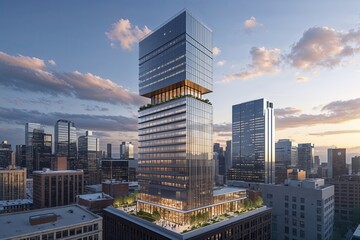 Naklejka premium Innovative and Sleek Modern Corporate Tower Architecture in a Bold Urban Locale