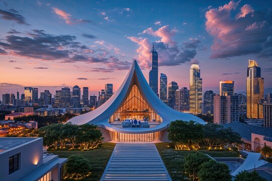 Unique Architectural Gem with City Skyline at Evening Glow