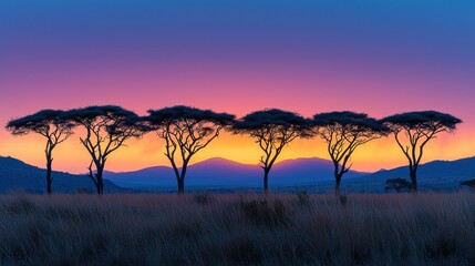 Naklejka premium African Sunset, Silhouette of Acacia Trees at Dusk