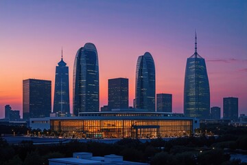 Naklejka premium Sophisticated Business Venue Silhouette at Twilight with Tech Innovation Towers
