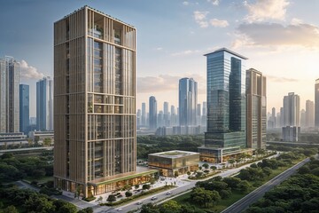 Fototapeta premium Eco-Conscious Office Structures in Chongqing's Tech Parks with Scenic Skyline Views