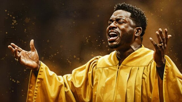man wearing gold robes with raised arms, his face expressing intense emotion as he appears to be singing or speaking passionately.watercolor, cospel concept