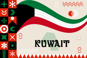 Kuwait banner with cultural design. Independence day design for Kuwait celebration. Modern neo geometric retro design with flag, map and abstract icons. Red and Yellow. Vector Illustration