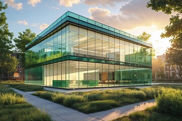 Fototapeta premium Sustainable Glass Office Structure in a Vibrant Urban Backdrop Surrounded by Greenery and Morning Light