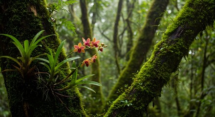 Beautiful orchids bloom amidst the vibrant green foliage of a damp, lush rainforest setting.