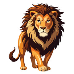 A majestic lion with a full, dark mane walks directly towards the viewer  with white background