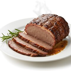 Deliciously roasted brisket, perfectly sliced and ready to enjoy on a white plate.
