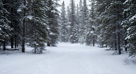 Fototapeta premium A snow-covered forest trail winds through a winter wonderland of frosted pine trees.