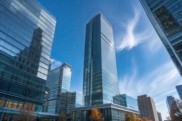 Fototapeta premium Sleek Glass and Steel Skyscraper in Urban Business District Against Clear Blue Sky