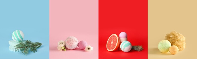 Set of different bath bombs on color background