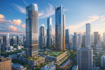 Fototapeta premium Vibrant Urban Skyscrapers and Modern Lifestyle Buildings in a Thriving City Landscape