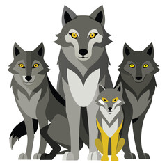 A pack of four wolves with varying shades of gray and yellow eyes stands and sits together with white background