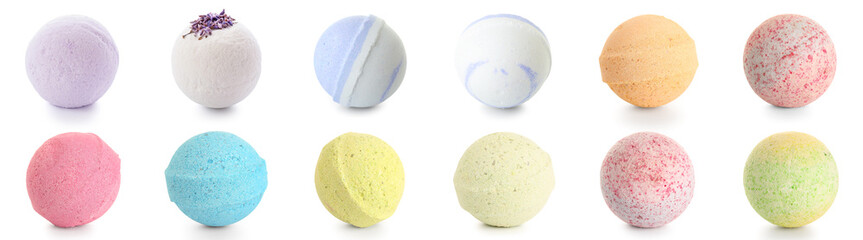 Set of many different bath bombs on white background