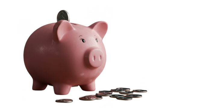 Illustration Of Pink Piggy Bank With Scattered Coins On A Transparent Background