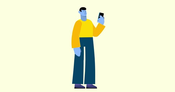 Blue body animated man with phone stop walking isolated. Cartoon animation of businessman character hand finger scroll gsm phone screen. Business explainer flat design people serie movie video.
