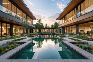 Obraz premium Contemporary Office Spaces Featuring Innovative Architecture Outdoor Courtyards and Serene Lakes