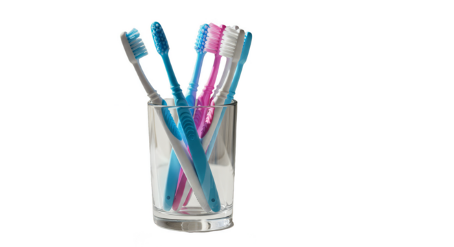 Illustration of Toothbrushes in a Glass with Blue and Pink Bristles against Transparent Background