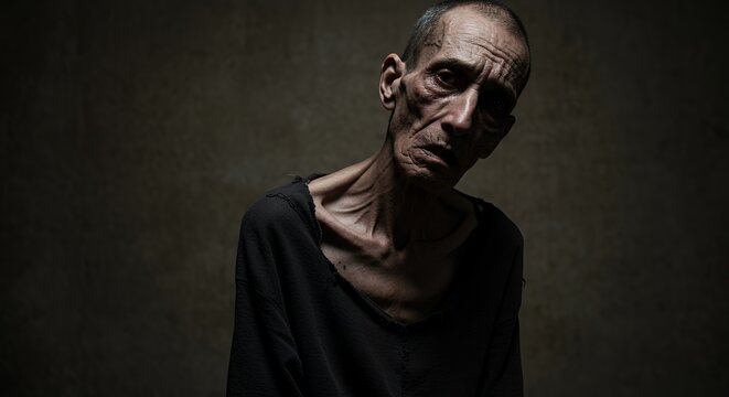 A poignant portrait of an elderly man, his emaciated frame and somber expression conveying a profound sense of hardship and resilience.
