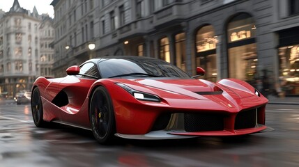 Red Sports Car Speeding Through City Streets