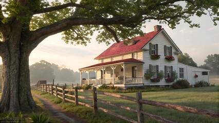 A farmhouse with a red roof and a large tree in the foreground