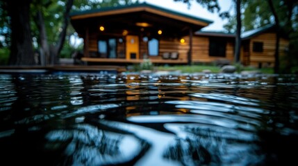 Reflection of a cozy cabin in rippling water.