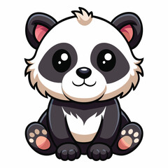 A small, fluffy baby panda with black and white fur sits with its paws tucked in, looking slightly upwards  with white background