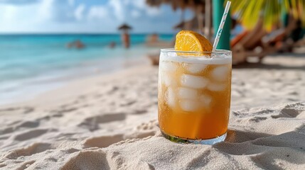 Refreshing cocktail on a sandy beach with turquoise water