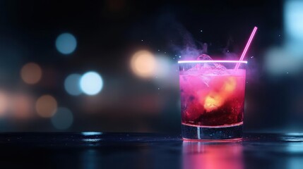 Refreshing Cocktail with Neon Glow, Nightlife Scene