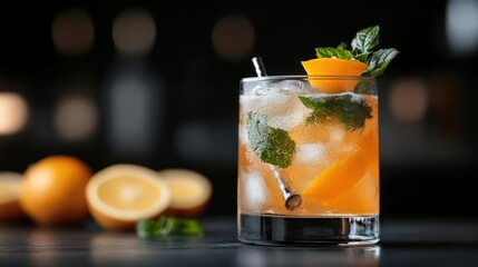 Refreshing Orange Cocktail with Mint and Ice
